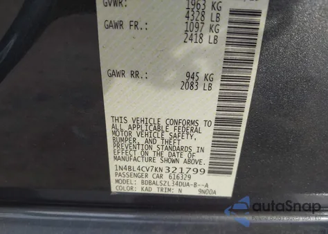 2019 Nissan Altima 2.5 Sr from USA, damaged, VIN 1N4BL4CV7KN321799